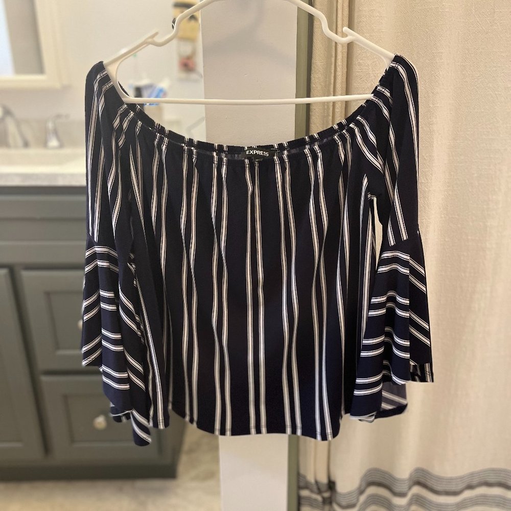 Off the shoulder, blue and white Express blouse